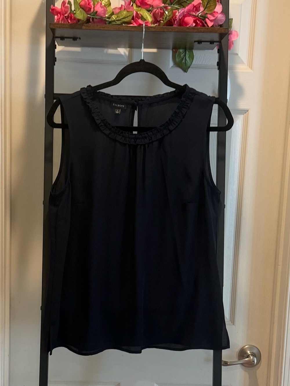 Talbots Navy Blue Sleeveless Ruffle-Neck Top Blouse